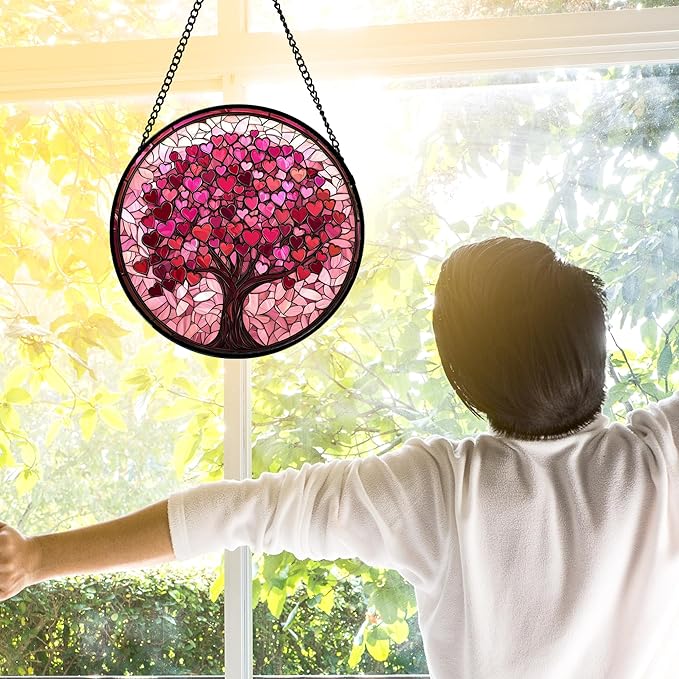 Stained Glass Window Hanging, Pink Love Tree of Life Sun Catchers Colorful Glass Panel Suncatcher Decor for Birthday for Women, Men, Wife, Lovers, and Mom 7.8 in