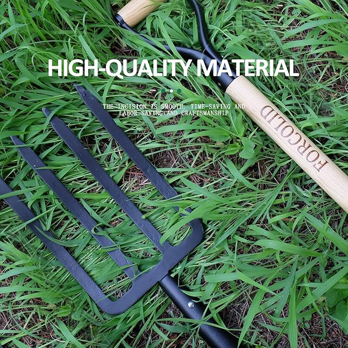 Garden Fork, 4-Tine Spading Digging Fork, Pitch Fork-45Inch, Forged Steel Y-Grip, Wood Handel