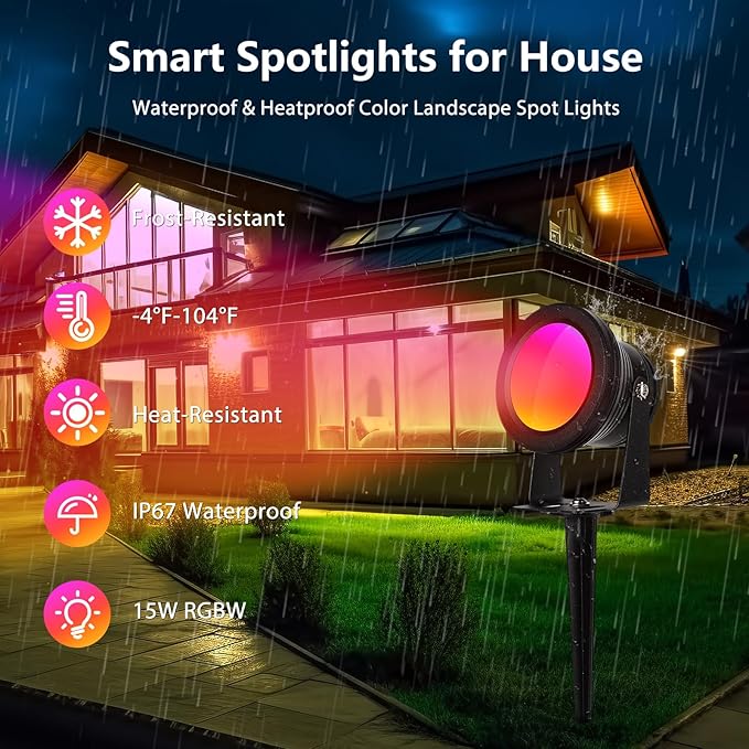 4 Pack Spotlight Outdoor Floodlight Fixture with Stake & Wall Mount Base, APP Control, 15W RGBW Landscape Lighting Dimmable Color Changing IP67 Waterproof for House Garden Yard Tree Decor