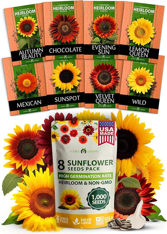 HOME GROWN Sunflower Seeds for Planting (8 Unique Varieties) 1000+ Sun Flower Seeds to Plant - Grow Dwarf Sunflowers, Mexican Sunflowers, Wild, Lemon Queen, Autumn Beauty, Sunspot, Velvet Queen