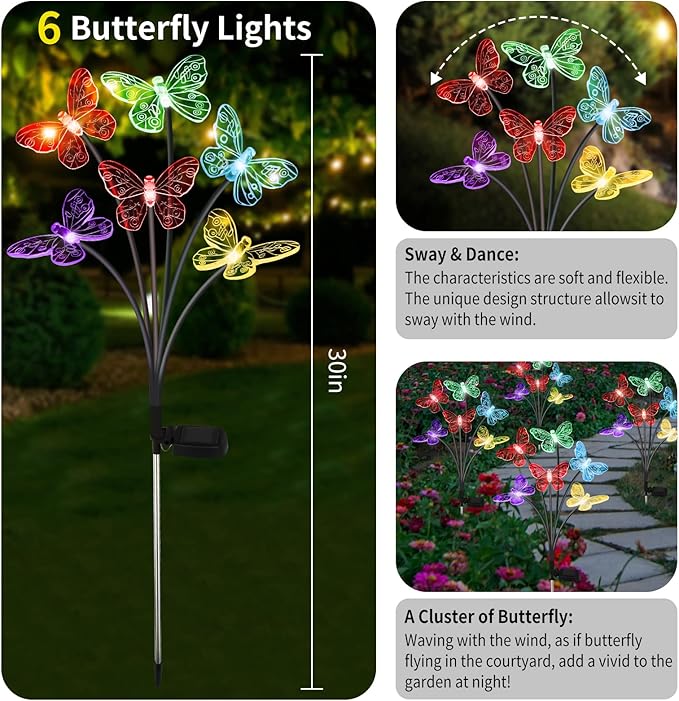 Solar Butterfly Lights Outdoor, 2 Pack with 12 Swaying Garden Lights, Waterproof, Changing Color for Yard Pathway Decor