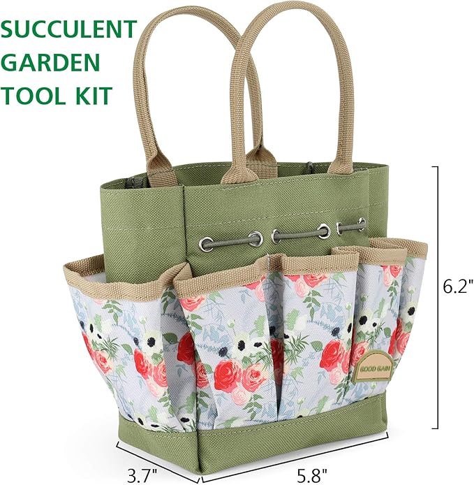 G GOOD GAIN Garden Succulent Kit with Organizer Bag, 14 Pieces Succulent Tools, Indoor Mini Hand Gardening Tools Set with Carrier for Bonsai Planter Miniature Fairy Planting Care(Rose)