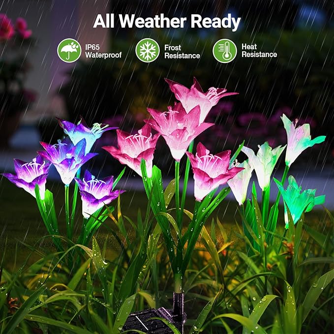 WdtPro Solar Outdoor Lights Garden Decorative 10 Pack, Waterproof Solar Garden Lights with 40 Lily Flowers, Multi-Color Changing Outdoor Solar Lights for Yard Outside Garden Decorations