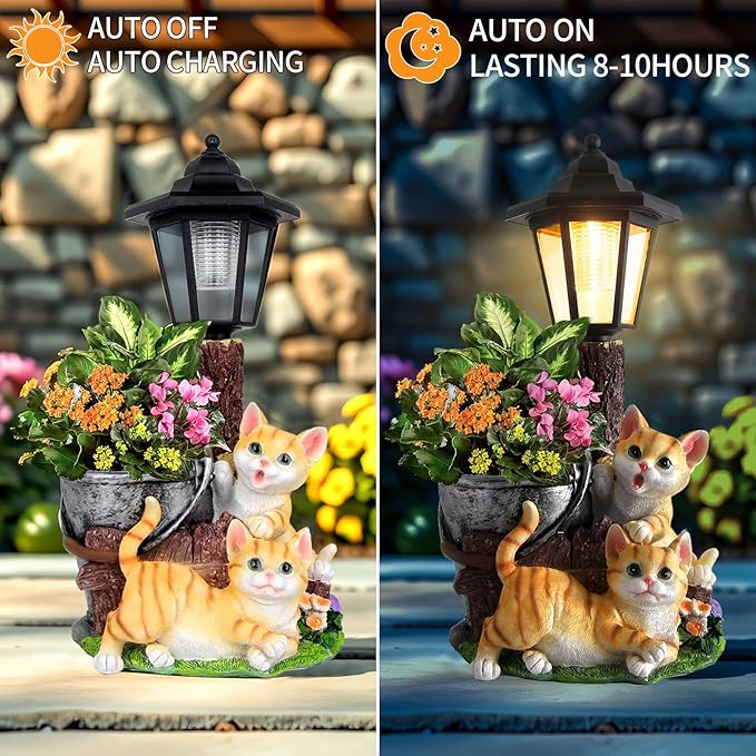 Solar Cat Outdoor Statues, Garden Sculptures with Flowerpot Decor & Solar Lantern for Yard Art Lawn Ornaments Porch Patio Balcony - Idea Gifts for Women Mom Grandma