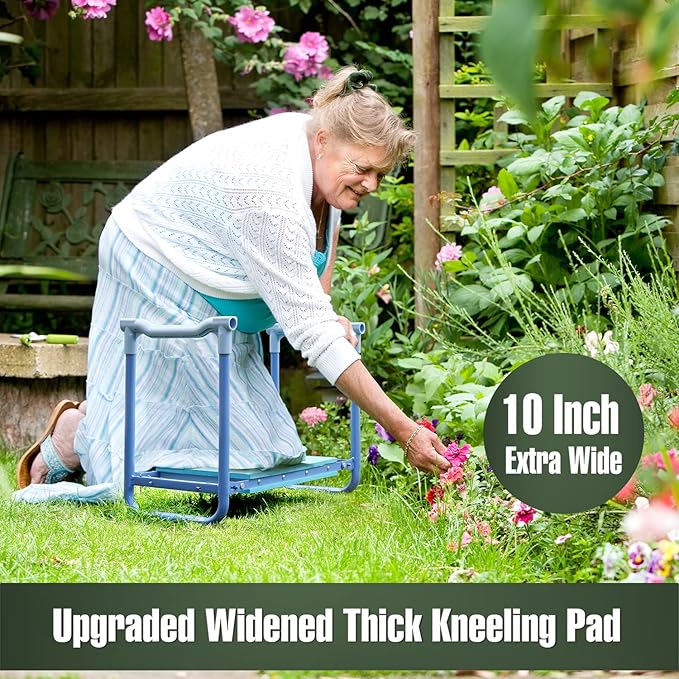 Jardineer Folding Garden Kneeler and Seat, 10 Inch Wider Kneeling Bench Stool, Portable Gardening Workseats with Tool Bag and Padded Cushion, Garden Gift for Women Seniors(Blue)
