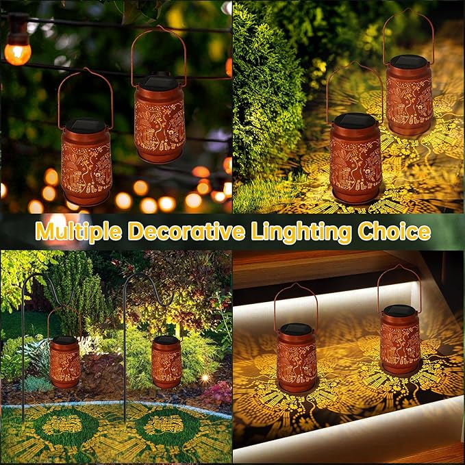 Solar Lanterns Outdoor Waterproof - Metal Hanging Solar Lights for Patio Yard Garden Decor, Christmas Birthday Gifts for Women Mom Men (2 Pack, Mushroom Shape)