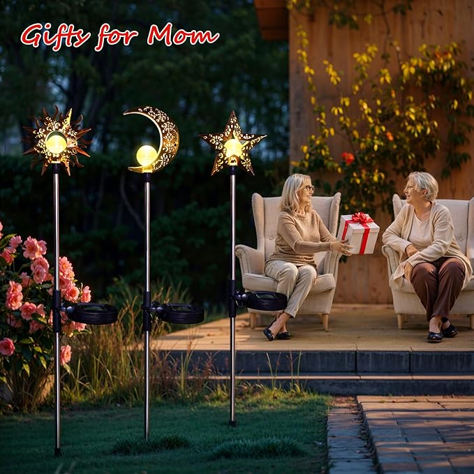 Tryme Solar Lights Outdoor Garden Decorations Sun Moon Star Stake Light Decorative Waterproof Warm White LED Yard Decor for Pathway Lawn Patio Courtyard Backyard