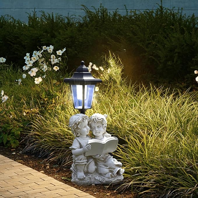 Solar Garden Outdoor Decor Statues Boy and Girl Reading Book with Light,Outside-Outdoor Decorations Sculptures for Patio Yard Lawn Walkway Ornaments Clearance Gifts for Mom Grandma Birthday