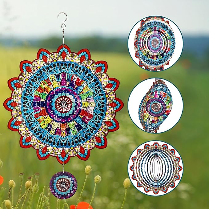 TUOKING Mandala Wind Spinners Outdoor Metal 3D Hanging Art Wind Spinner 12 Inch Stainless Steel for Yard and Garden Decoration Worth Gift for Women