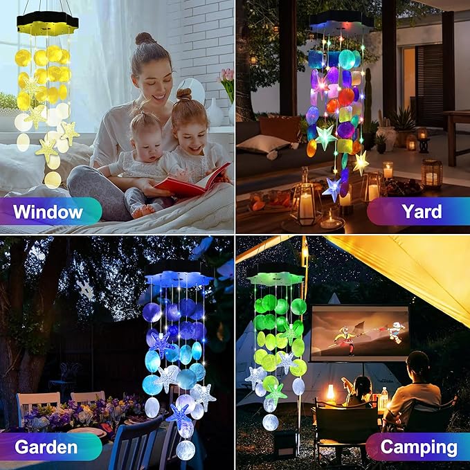 Solar Wind Chimes for Outside, Yellow Shell Gifts for Mom Grandma Women, Waterproof Solar Outdoor Decorative Mobile Lights for Garden, Yard, Patio, Window, Party, Outdoor Decorations