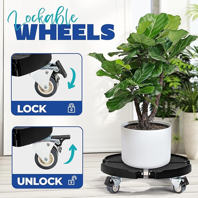 Idzo Heavy Duty Trolley Planter Caddy with Wheels 440lbs Capacity, Plant Pots Indoor and Out Door, Adjustable 15-21 in, Black