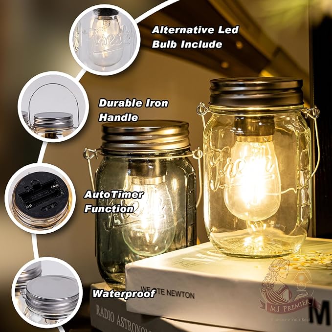 Outdoor Mason Jar Lights Hanging, 2-Pack LED Decorative Garden Lanterns with Timer, Battery Operated Vintage Glass Light for Patio Camping Courtyard Backyard Tree Hallway Stairs Farmhouse (2Color)