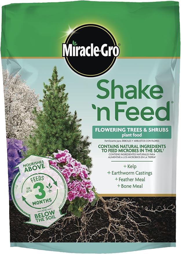Miracle-Gro Shake 'N Feed Flowering Trees and Shrubs Plant Food, For In-Ground and Container Plants, Acid-Loving Flowering Plants, 8 lbs.