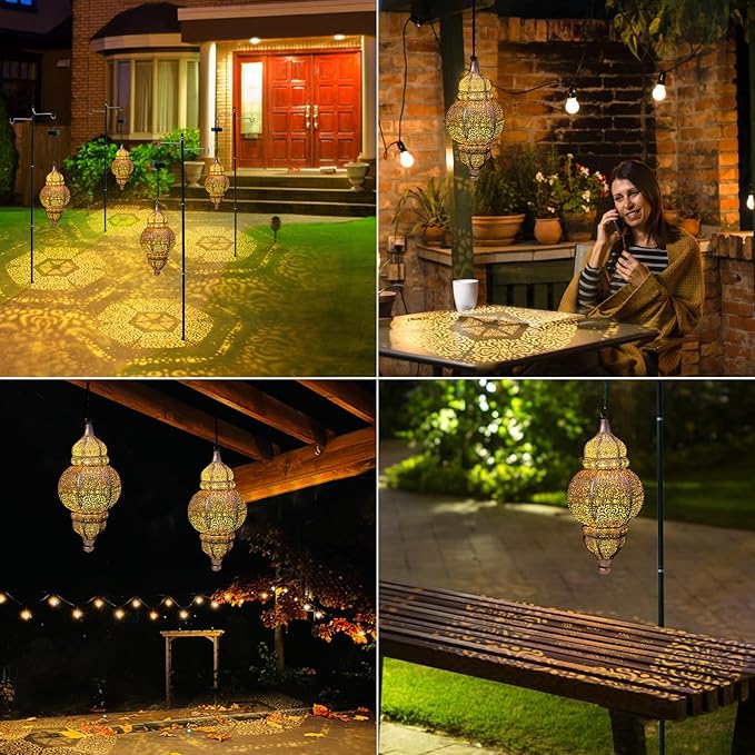 Hanging Solar Lights, Outdoor Decor Solar Lantern, Waterproof Metal Moroccan Lantern for Outside Patio Pathway Yard Front Porch Backyard Garden Decorative
