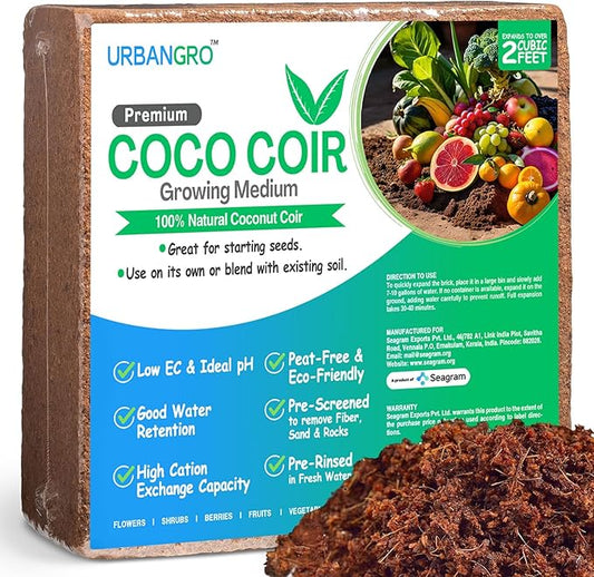 Premium Coco Coir by UrbanGro | 10 LBS Compressed Brick Expands to 2 Cubic Feet | Peat-Free Growing Medium for Indoor & Outdoor Plants, Starting Seeds, Seedlings, Hydroponics