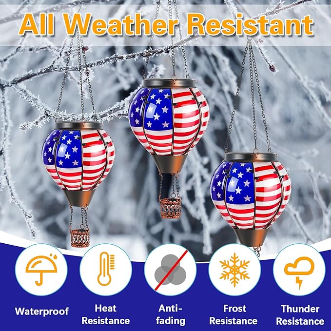 2 Pcs 20 Inch Flag Hot Air Balloon Hanging Solar Lantern Outdoor Garden Decor Waterproof Hot Air Balloon Flame Lantern for Lawn Porch Yard