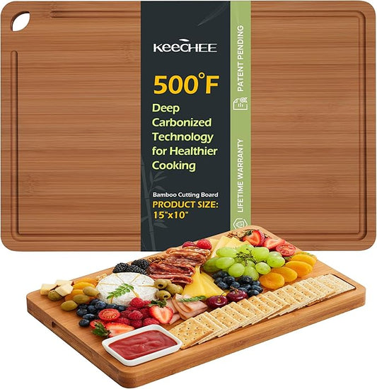 Bamboo Cutting Board 15 inches Carbonized Chopping Board With Knife-Friendly Surface & Juice Groove For Home Kitchens – Ideal For Meat, Veggies