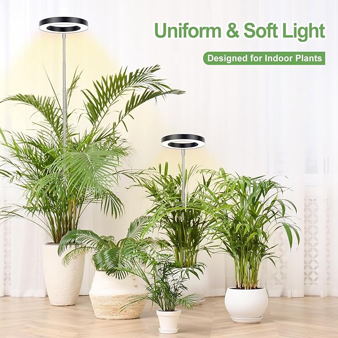LBW Grow Lights for Large Indoor Plants, 144 LEDs Full Spectrum Plant Light, Growing Lamp with 4 Dimmable Levels, 4/8/12H Timer, 59in Height Adjustable, Halo Plant Lamp for Tall Plants, Black, 2 Pack