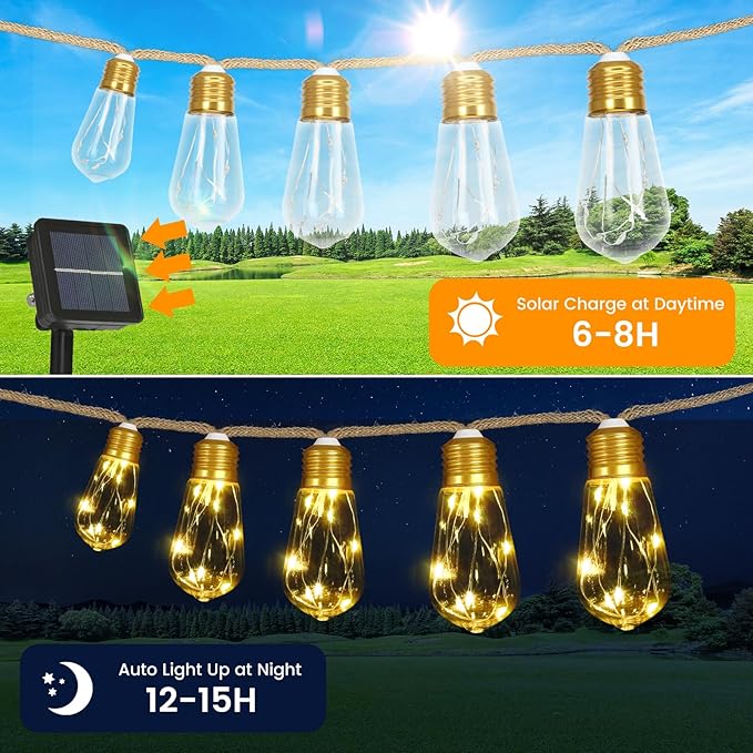 Solar Outdoor String Lights 24FT Vintage Rope Hemp Solar Lights with 20 Shatterproof Bulbs,8 Modes Solar Powered String Lights with Memory Function,Waterproof for Fence,Yard,Camping(Warm White)