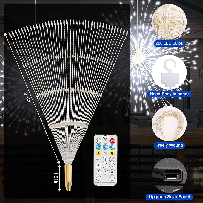 Solar Firework Lights Outdoor, 600 LED Starburst Light Outdoor with USB Rechargerable, 8 Modes Waterproof Solar Hanging Lights for Gazebo Yard Party Wedding Decorations(White, 600 LED)