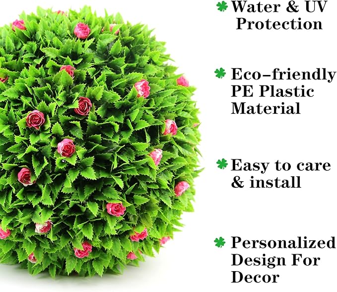 Sunnyglade 2 PCS 15 inch Artificial Plant Topiary Ball Faux Boxwood Decorative Balls for Backyard, Balcony,Garden, Wedding and Home Décor (Pink)