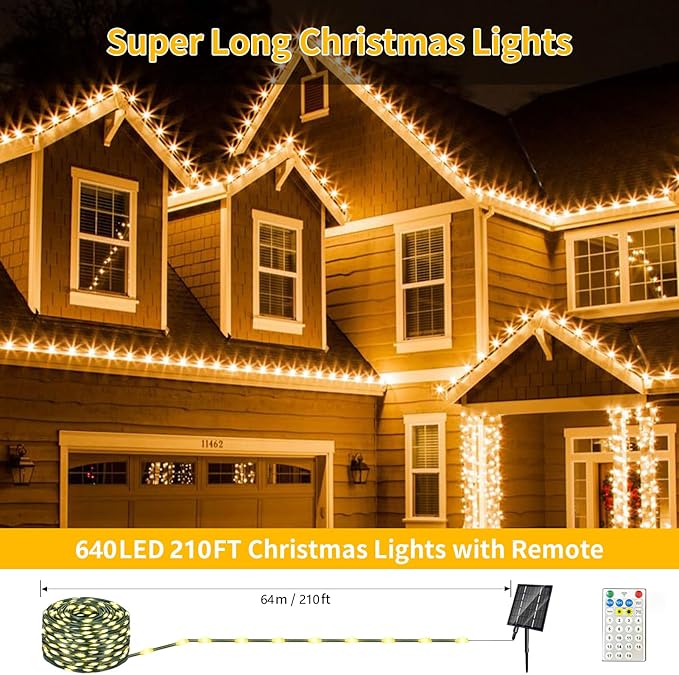 Solar Christmas Lights Outdoor, Upgraded 212FT 640LED Solar Power Christmas Lights with Remote,19 Modes Waterproof Solar String Lights for Outside Garden Home Christmas Decorations (Warm White)