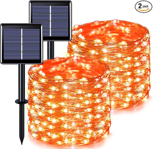 JMEXSUSS 2 Pack Orange Solar Halloween Lights, 66ft 200 LED Solar Fairy Lights Outdoor, Waterproof Solar String Lights for Tree Patio Garden Halloween Thanksgiving Decorations