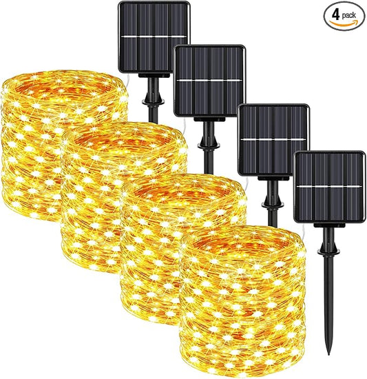Extra-long 288FT 800LED Solar Fairy String Lights, 4-Pack 72FT 200 LED Outdoor Twinkle Lights Waterproof, 8 Lighting Modes, Warm White Copper Wire Lights for Deck Backyard Tree Garden Fence Pool Party