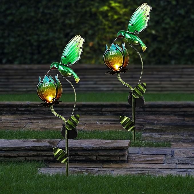 TERESA'S COLLECTIONS Glass Flower Bird Pathway Solar Outdoor Light for Garden Decor, 41'' Tulip and Hummingbird Metal Decorative Stakes Yard Art for Lawn Patio Porch Decorations, Gifts for Mom
