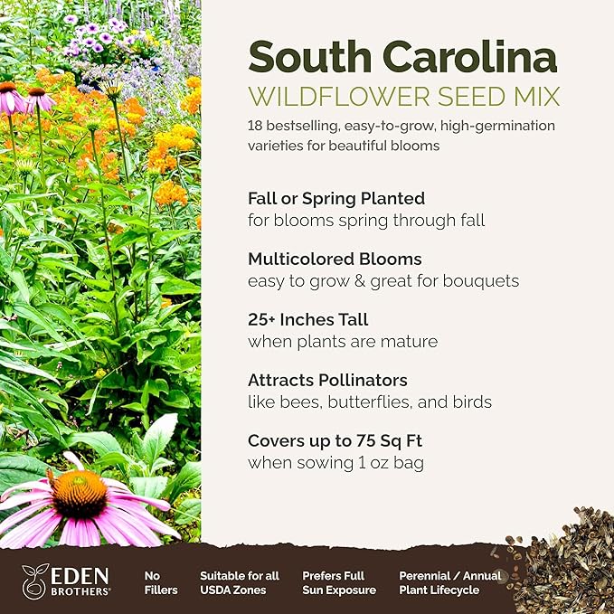 Eden Brothers South Carolina Wildflower Mixed Seeds for Planting, 1 oz, 30,000+ Seeds with WallFlower, Primrose | Attracts Pollinators, Plant in Spring or Fall, Zones
