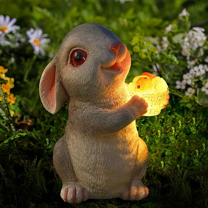 Solar Rabbit Garden Statues Outdoor Bunny Decor Resin Rabbit Figurine Holding Mushroom with LED Lights for Porch Patio Lawn Yard Christmas Housewarming Gardening Gifts for Mom Grandma