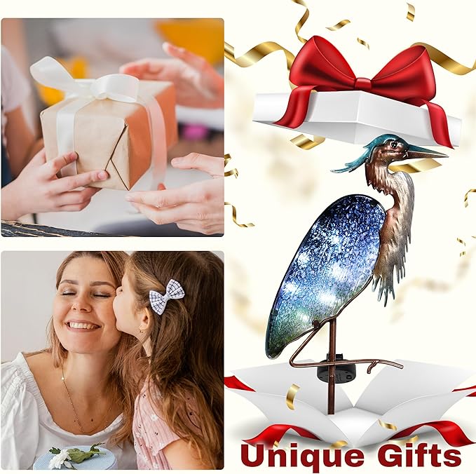 TERESA'S COLLECTIONS Blue Heron Garden Decor for Outside Solar Lights, 39" Glass Lawn Ornaments with Outdoor Lights Decorative Stake, Yard Art Decorations Outdoor for Patio Gifts for Mom Grandma