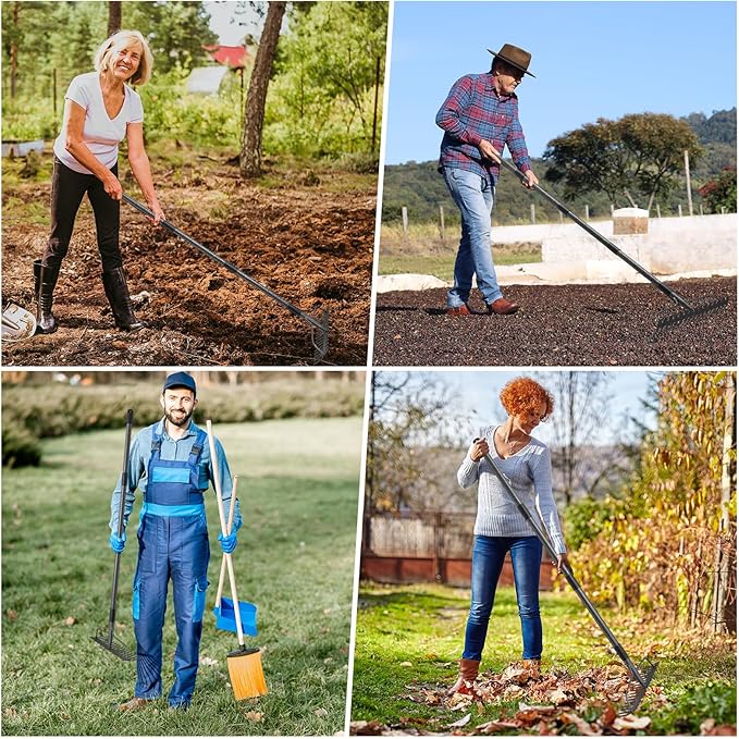 60'' Bow Rake Heavy Duty Garden Rake with Stainless Steel Handle,Tines Metal Head Rake Tool for Loosening Soil Gathering Leaf Leveling Lawn Farming Land Management Yarn Thatch Rake