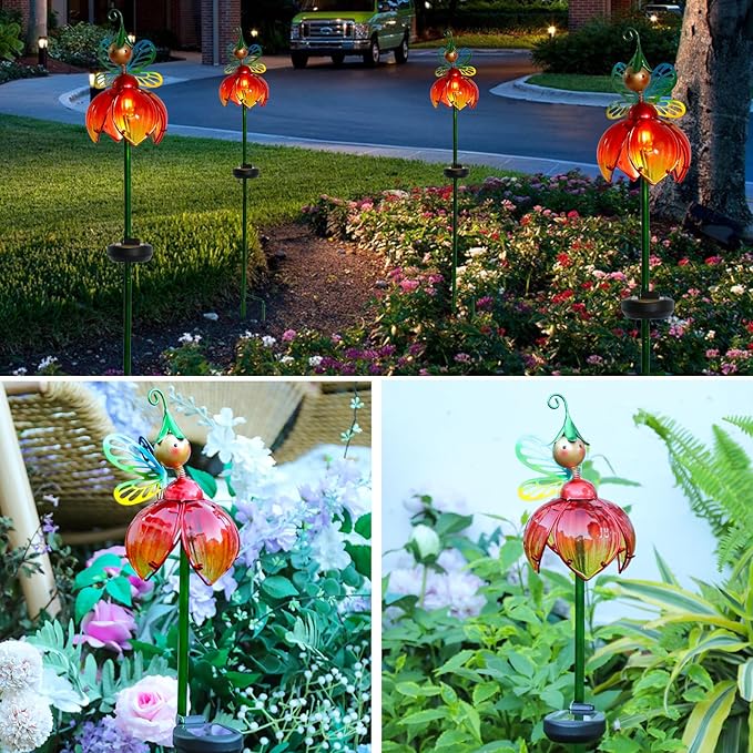 VCUTEKA Solar Garden Lights Metal Flower Decor Colorful Fairy Flowers Solar Pathway Light with LED Cracked Crystal Ball Outdoor Decorative Stake for Patio Yard Lawn
