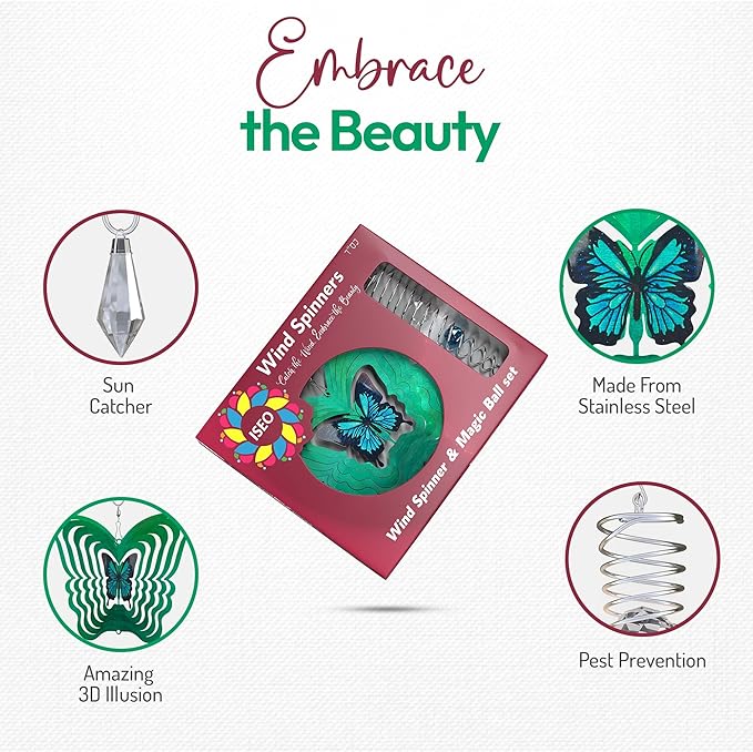 ISEO Butterfly Wind Spinner and Gazing Ball Set, Metal Wind Spinner Garden Decor, Hanging Garden Decorations, Weather-Resistant Outdoor Wind Spinners, 6.5" Spinner Garden Décor