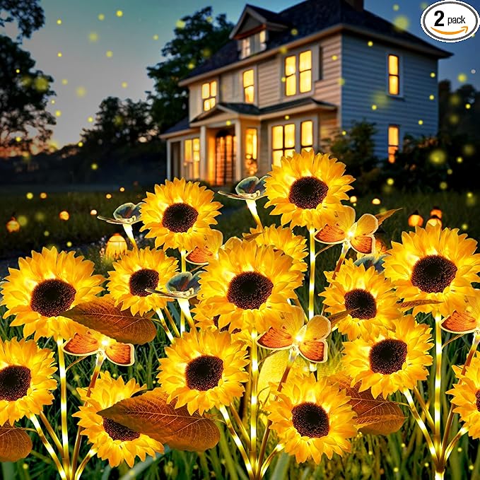Solar Flower Lights Outdoor Garden Decor, FabStyl 2 Pack Sunflower Decor with 4 Butterfly, Solar Garden Lights Outdoor Waterproof Decorative for Pathway, Yard, Patio, Gifts for Mom Women