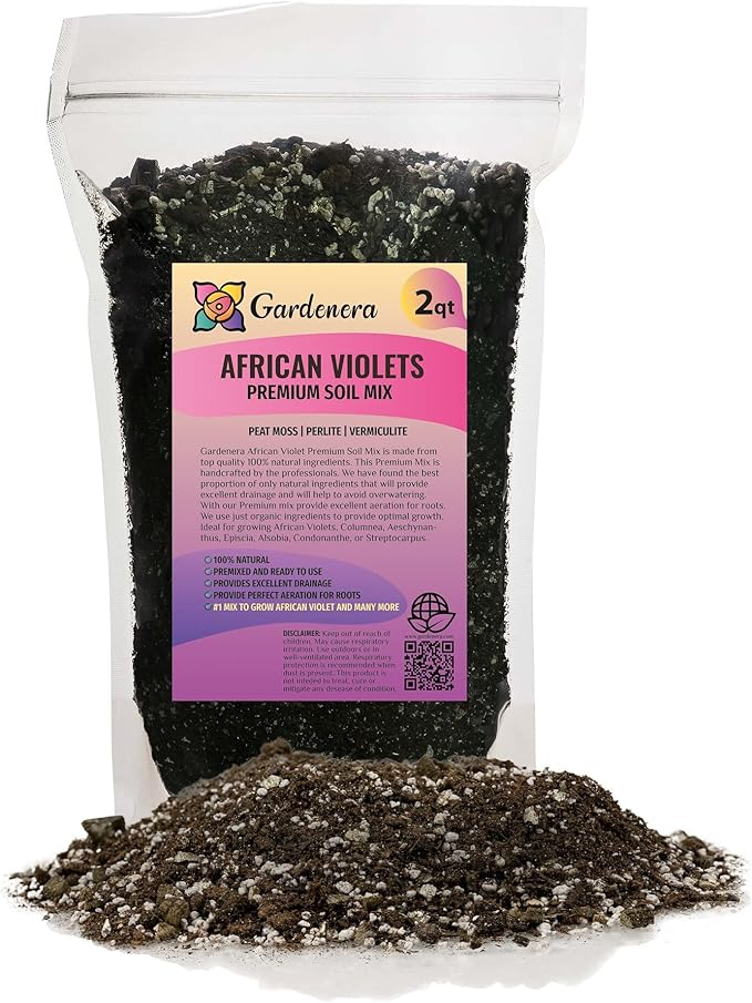 African Violets and Gesneriad Premium Soil Mix - Horticultural Perlite (25%) + Vermiculite (25%) + Sphagnum Peat Moss (50%) - Made in USA - (2 Quart Bag)