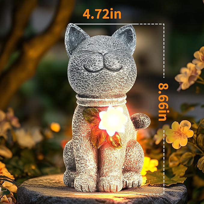 Solar Garden Statue Cat Figurine - Solar Cat Outdoor Statues, Waterproof Resin Cat Sculpture for Yard, Patio, Lawn, and Garden Decoration for Garden Mom Grandma