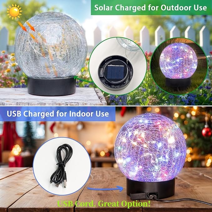 Beautyard Solar Globe Lights Outdoor Large Garden Decor USB Charged 4.72" Diameter 40LED 1000mAh Solar Cracked Glass Globe Lights for Outdoor Indoor Decor (4.72'' Large 2 Pack Colorful)