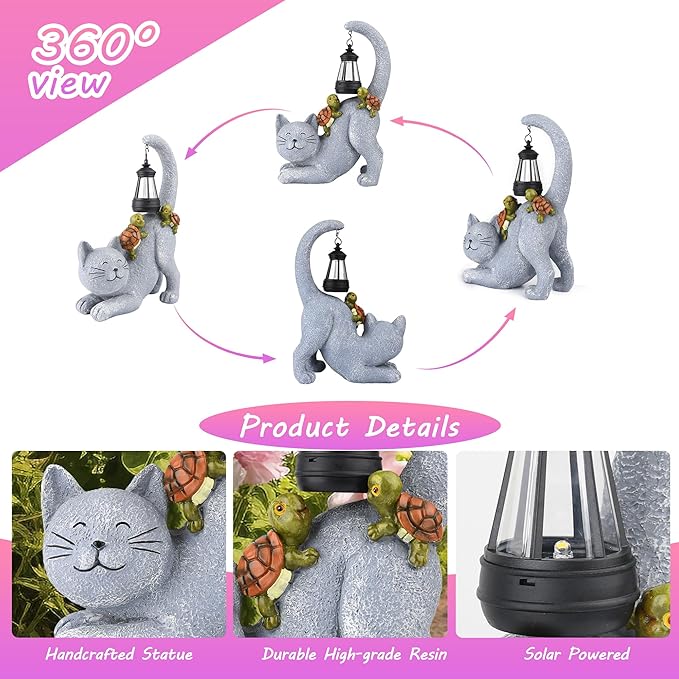 Solar Garden Decor Cat Figurine-Cat Outdoor Statue with Solar Lantern, Loving Turtle Garden Decor for Outside Patio,Porch,Yard, Backyard-Unique Housewarming Gifts for Mom Grandma Women
