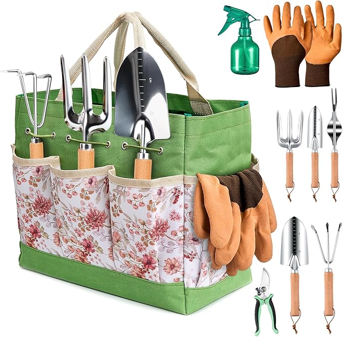 Gardening Tools of 9 Pieces | Stainless Steel Heavy-Duty Gardening Hand Tools with a Delicate and Durable Storage Bag and Anti-Slip Rubber Gloves | Garden Tools Make Ideal Gardening Gifts for Women