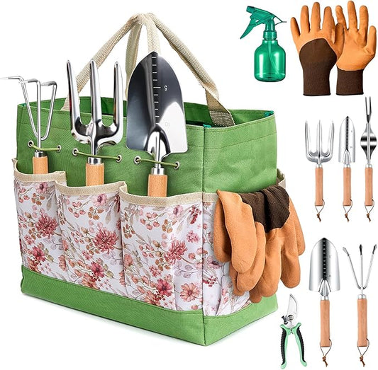 Gardening Tools of 9 Pieces | Stainless Steel Heavy-Duty Gardening Hand Tools with a Delicate and Durable Storage Bag and Anti-Slip Rubber Gloves | Garden Tools Make Ideal Gardening Gifts for Women