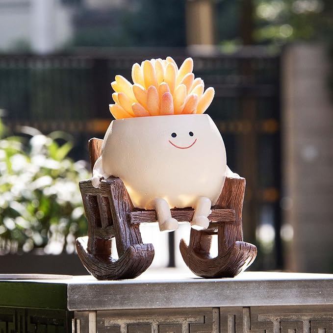 Smiley Face Planter Pot, Cute Resin Smile Face Flower Head Plant Pot, Creative Flower Pot for Indoor Outdoor Plants, Funny Home Decoration (Rocking Chair)
