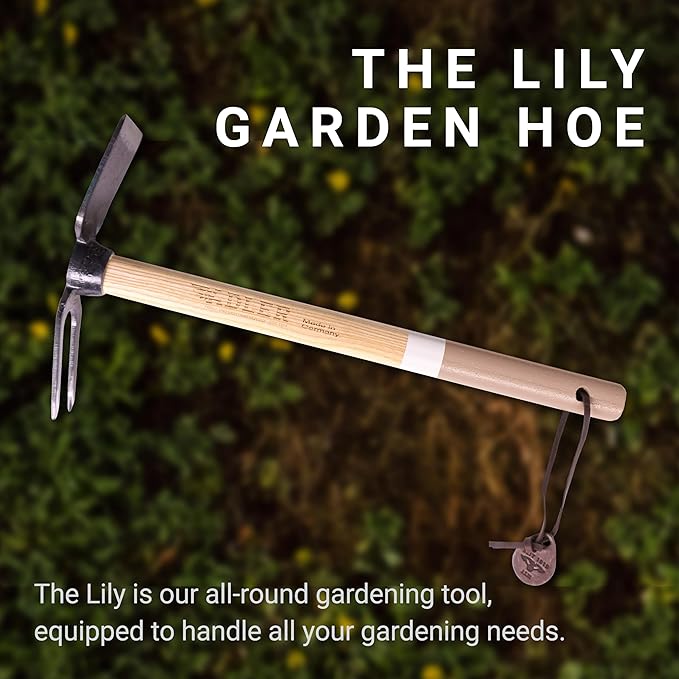Adler - The Lily Garden Hoe, Heavy Duty Yard Tool Lawn Care, Loosening Soil, Weeding, and Digging, Steel Head 10.6 inches, Wood Handle 17.7 inches (Mocha)