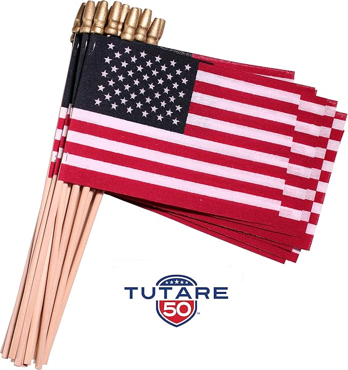 American Flags on Stick - Handheld Spearhead US Flag for 4th of July, Memorial Day Event Decorations - Patriotic Decor for Indoors & Yard - Wooden Stick, Cotton Fabric - (8"X12"-144 Pack)