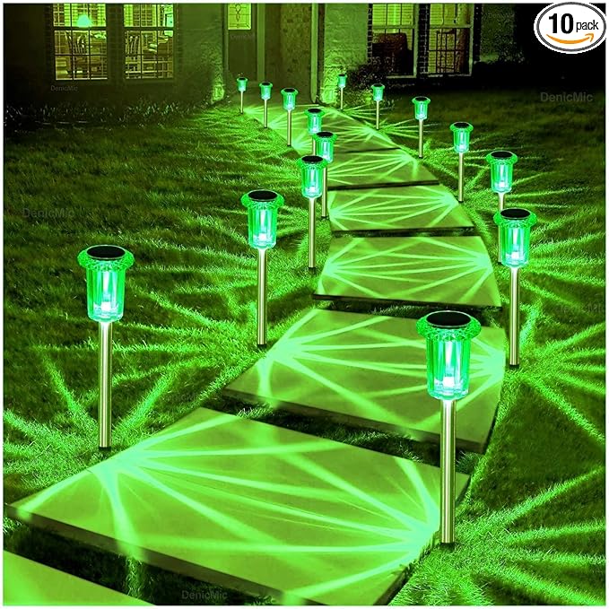 DenicMic Solar Lights Outdoor Pathway Lights LED Waterproof Acrylic Lamp Head Stainless Steel Stake for Yard Garden Landscape Path Walkway Driveway Patio Lawn (Green 10Pack)