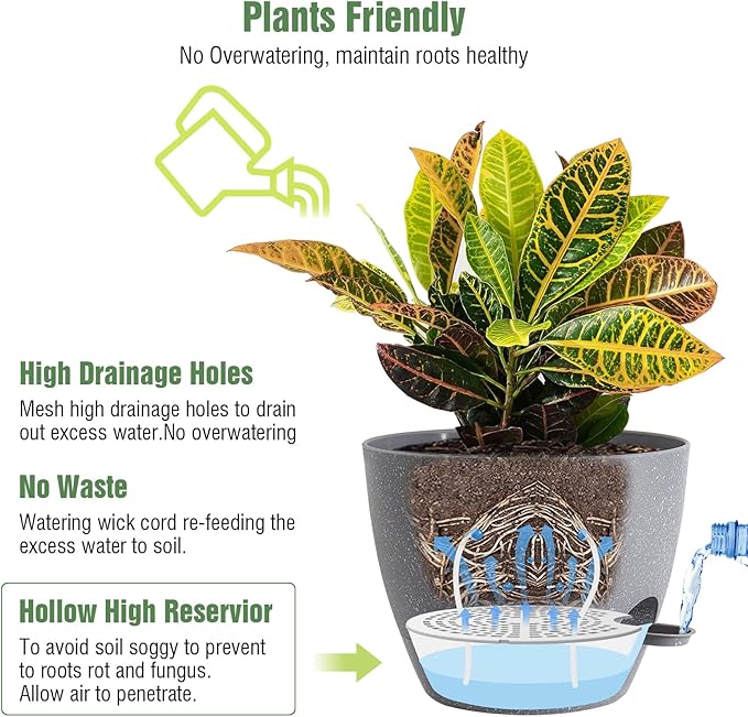 10/9/8 inch Self Watering Pots, Set of 3 Plastic Planters with Mesh Drainage Holes and Deep Reservoir for Indoor Outdoor Garden Plants and Flowers, Grey Speckles