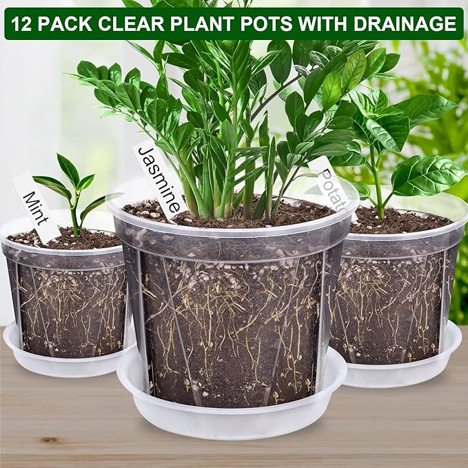 12 Pack Clear Nursery Pots 4/5/6 Inch Clear Plastic Plant Pots with Drainage Holes Clear Planters Flower Pots for Indoor Plants