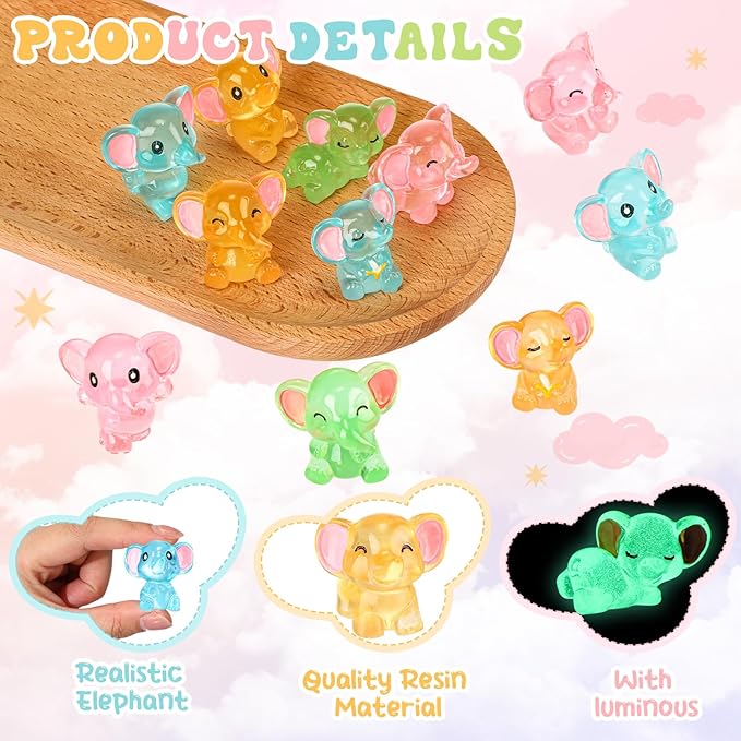 48 Pcs Mini Elephant Animals Luminous Resin Small Animal Figurines Bulk Glow in The Dark Garden Accessories Moss Landscape DIY Terrarium Ornament for Garden Dollhouse Decoration
