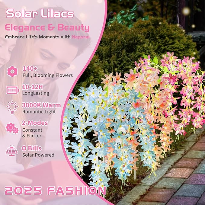 Neporal Solar Flowers Outdoor Waterproof IP65, 5 Lilac Flower Vines with 140+ Flowers, Warm Light & 2 Lightning Modes, 6PK Blue/Pink/Purple Solar Garden Lights Outdoor for Garden, Yard, Pathway Decor